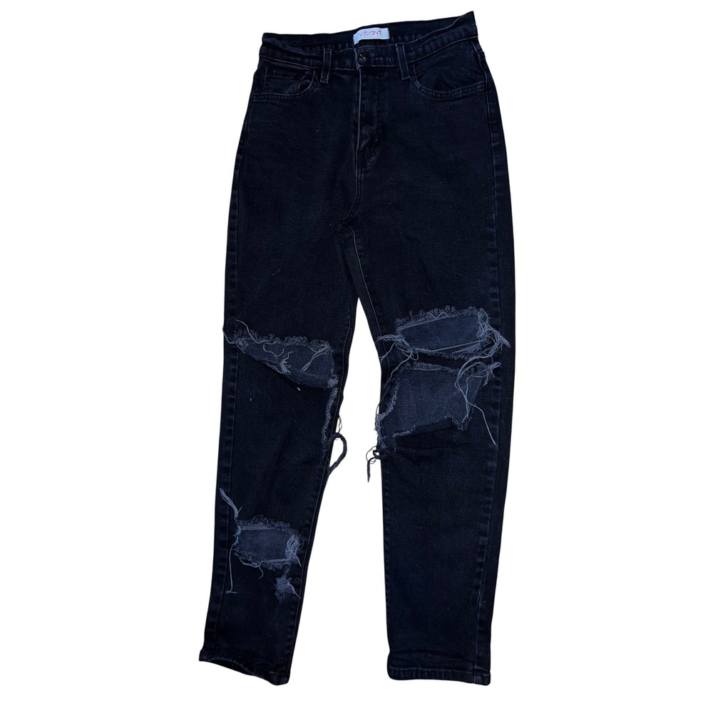 Women's Vibrant Branded Black High-Waist Distressed Jeans Size 7/27